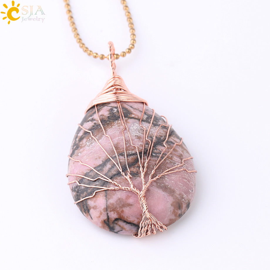 Natural Quartz Crystal Healing Necklace with Tree of Life Pendant
