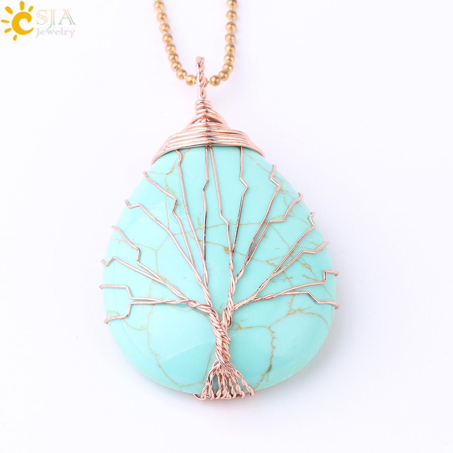 Natural Quartz Crystal Healing Necklace with Tree of Life Pendant