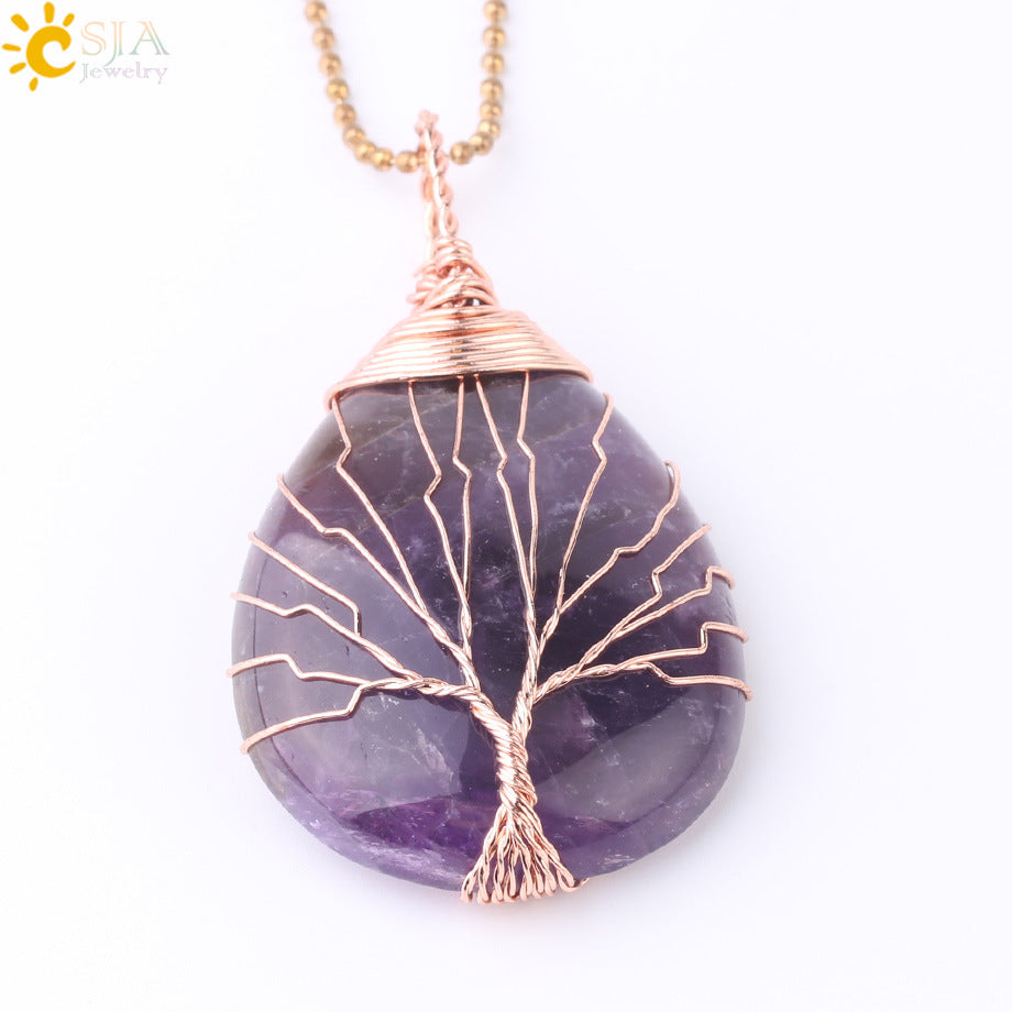 Natural Quartz Crystal Healing Necklace with Tree of Life Pendant