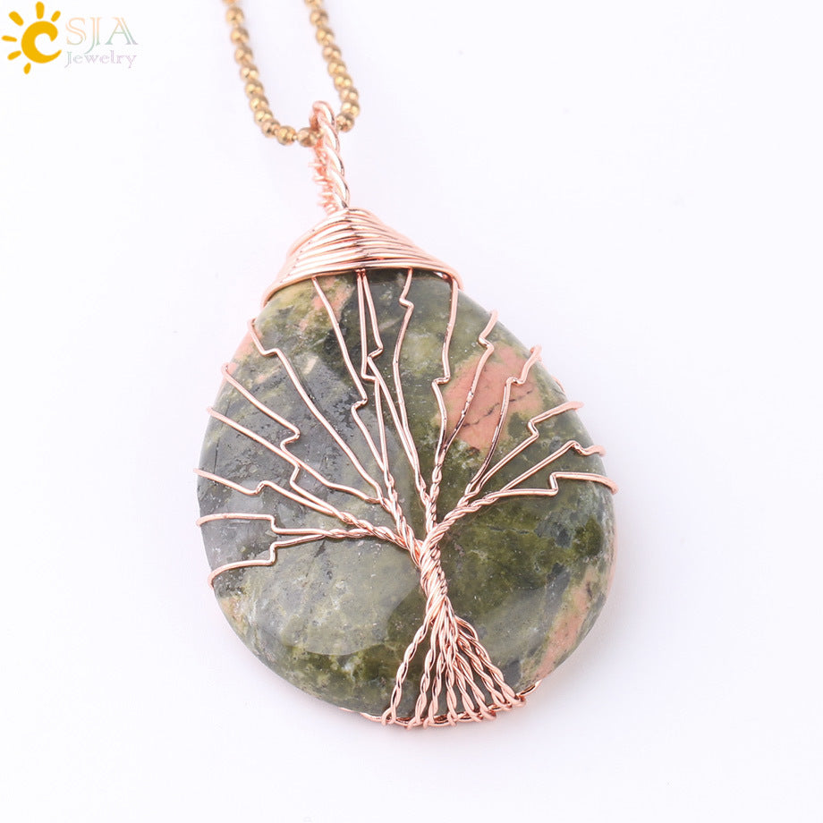 Natural Quartz Crystal Healing Necklace with Tree of Life Pendant