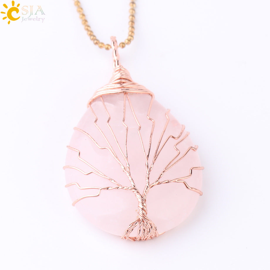 Natural Quartz Crystal Healing Necklace with Tree of Life Pendant
