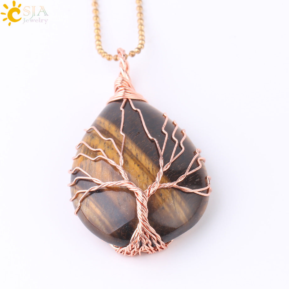 Natural Quartz Crystal Healing Necklace with Tree of Life Pendant