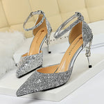 Belifi Pointed Toe Sequin Cutout Heels
