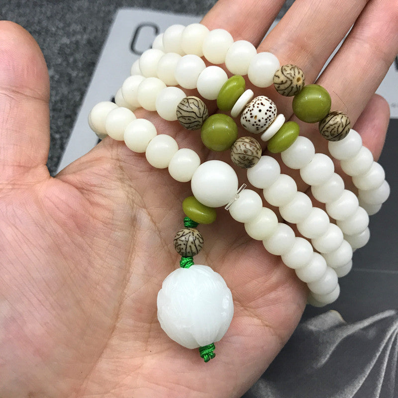 Bodhi Lotus Mala Necklace Bracelet - White Jade for Spiritual Harmony