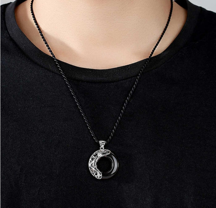 Dragon & Phoenix Couple Necklace - Obsidian & Opal Pendants for Protection