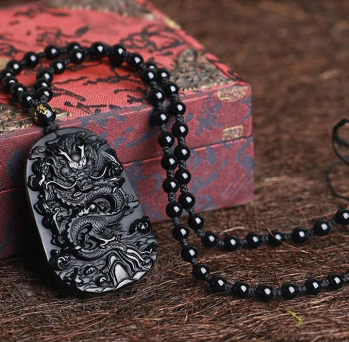 Natural Black Obsidian Dragon Necklace - Protection, Luck, Success