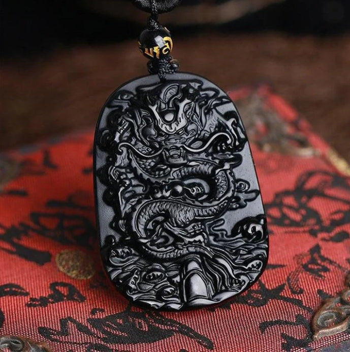 Natural Black Obsidian Dragon Necklace - Protection, Luck, Success