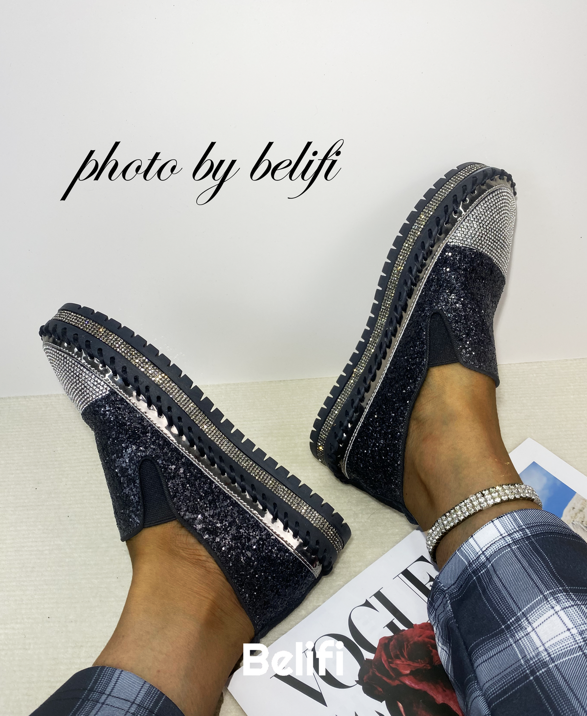 Belifi Starlight Stroll: Full Rhinestone Embellished Slip-On Shoes