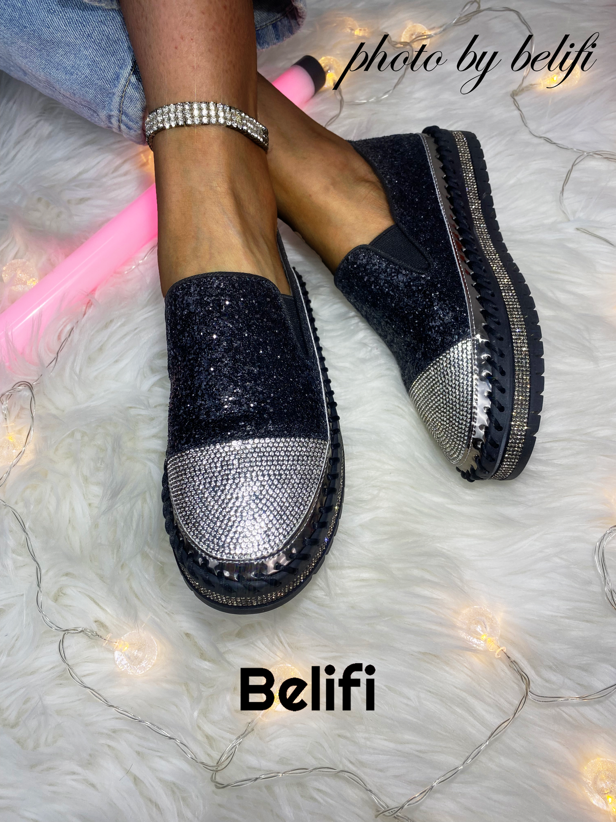 Belifi Starlight Stroll: Full Rhinestone Embellished Slip-On Shoes