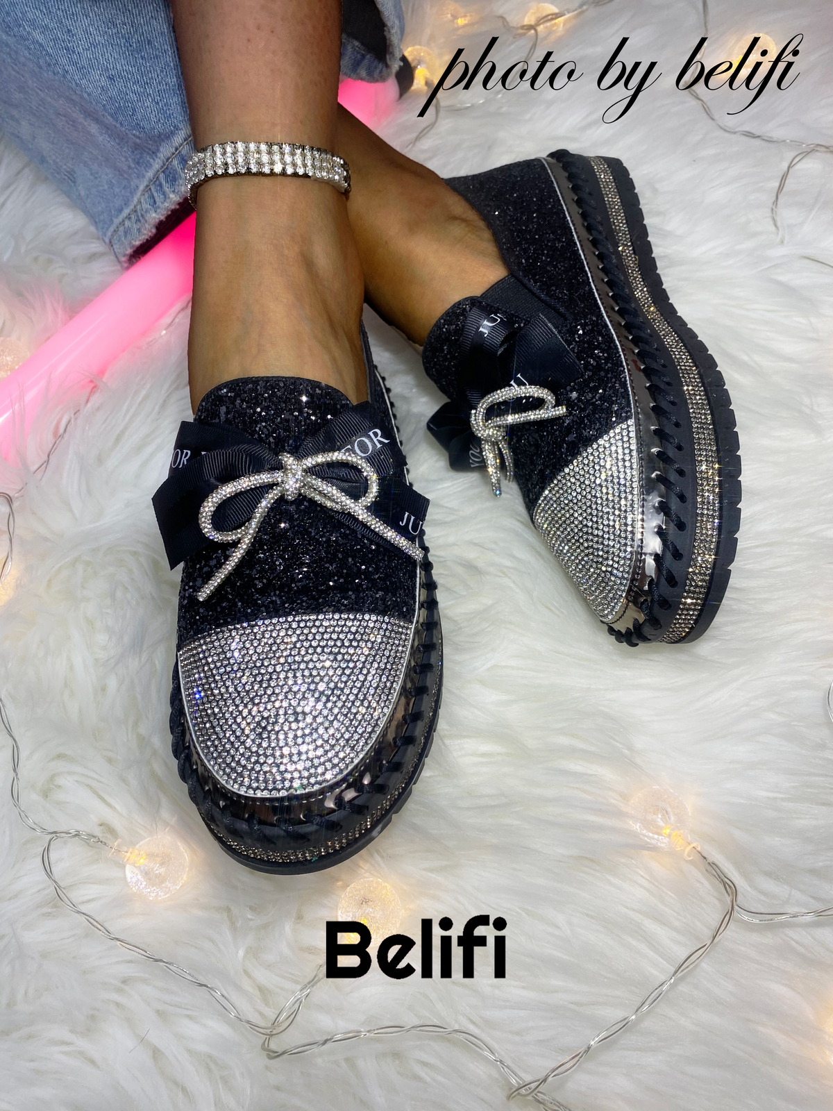 Belifi Shimmering Butterfly: Rhinestone-Encrusted Slip-On Shoes