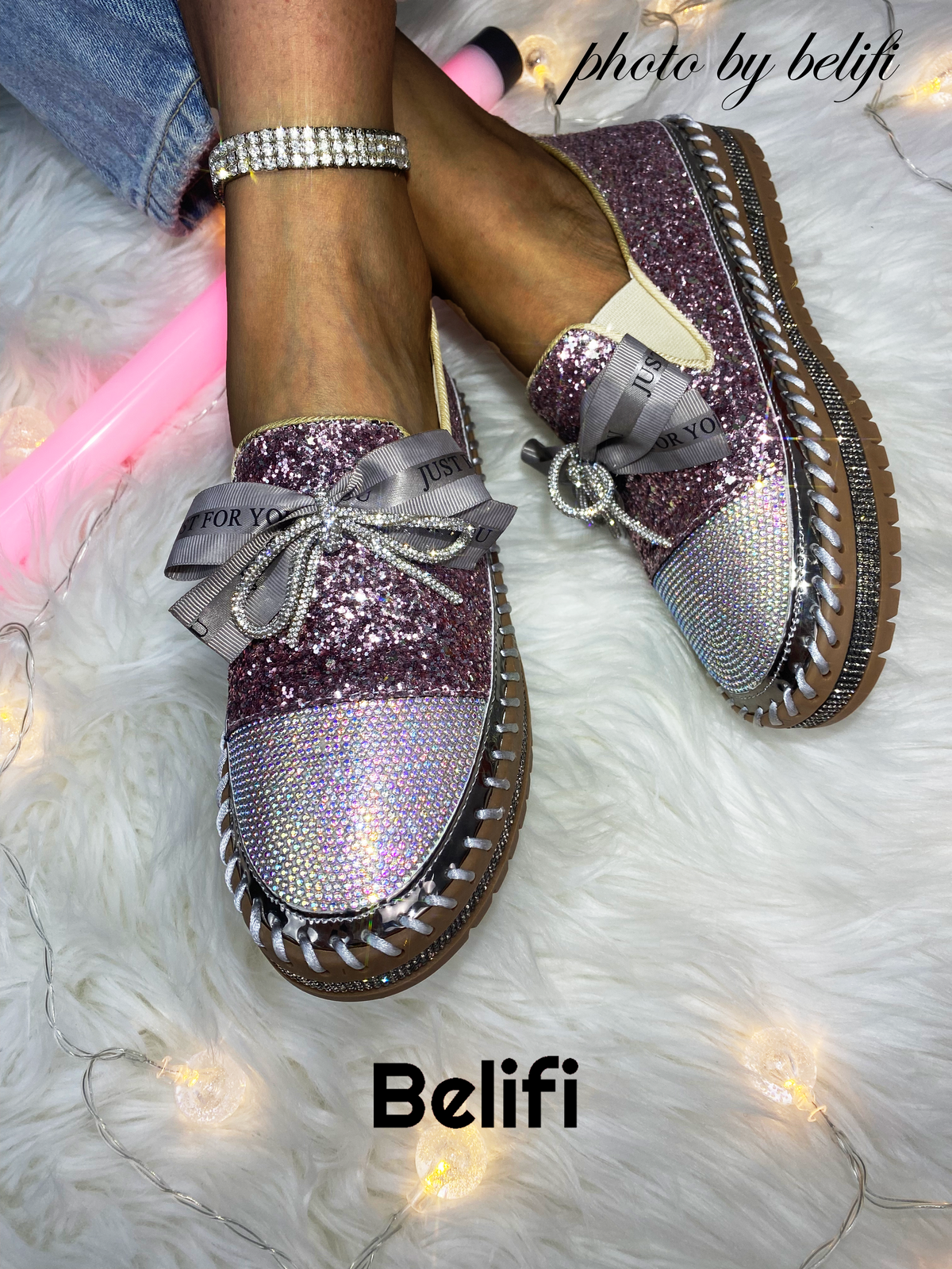 Belifi Shimmering Butterfly: Rhinestone-Encrusted Slip-On Shoes