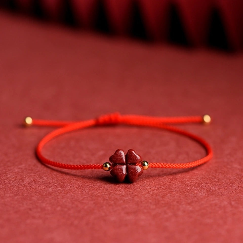 Blessing Red String Bracelet Anklet - Four Leaf Clover Cinnabar Charm