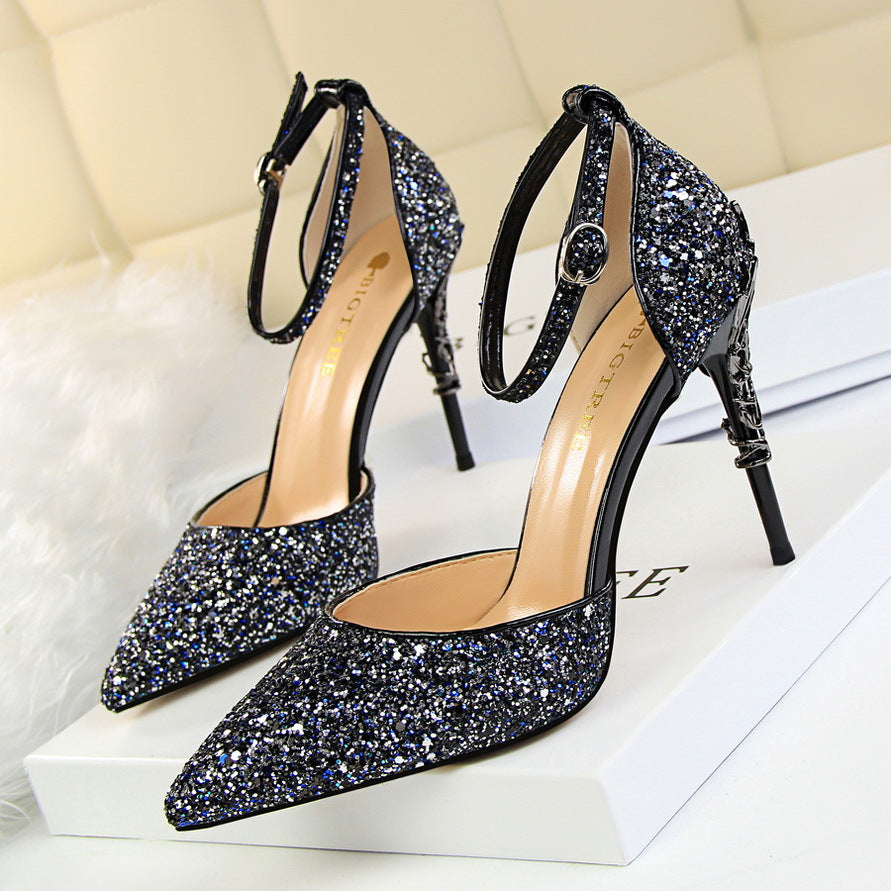 Belifi Pointed Toe Sequin Cutout Heels