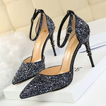 Belifi Pointed Toe Sequin Cutout Heels