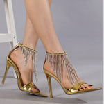 Belifi Pointed Toe Tassel Rhinestone Chain Stiletto Heel