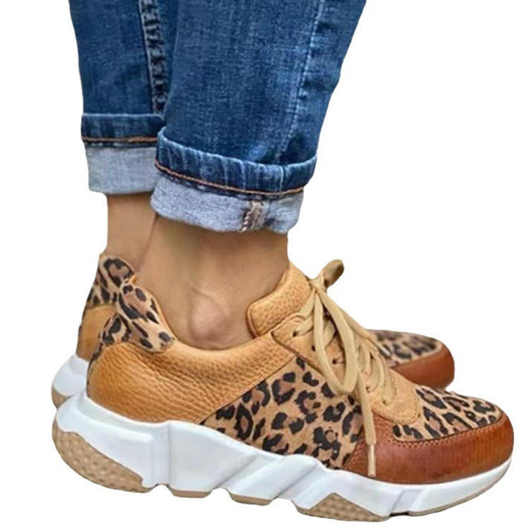 Belifi Casual Round-Toe Lace-Up Color-Block Leopard Print Sports Shoes