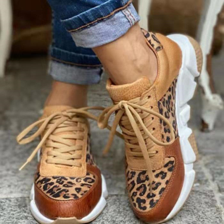 Belifi Casual Round-Toe Lace-Up Color-Block Leopard Print Sports Shoes