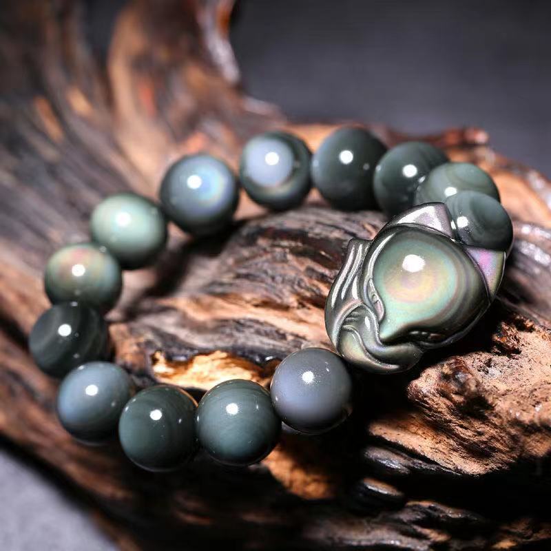 Fox Charm Healing Bracelet - Rainbow Obsidian for Positive Energy