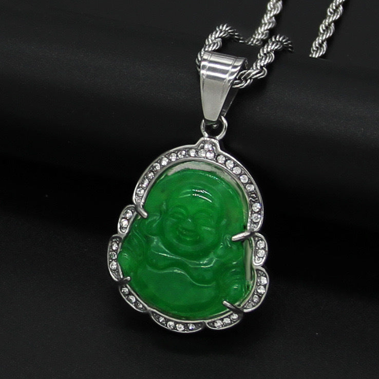 18K Gold Filled Laughing Buddha Jade Necklace - Luck Pendant Chain