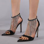 Belifi Pointed Toe Tassel Rhinestone Chain Stiletto Heel