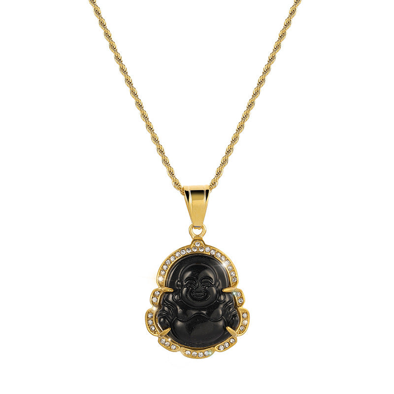 18K Gold Filled Laughing Buddha Jade Necklace - Luck Pendant Chain