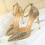 Belifi Pointed Toe Sequin Cutout Heels