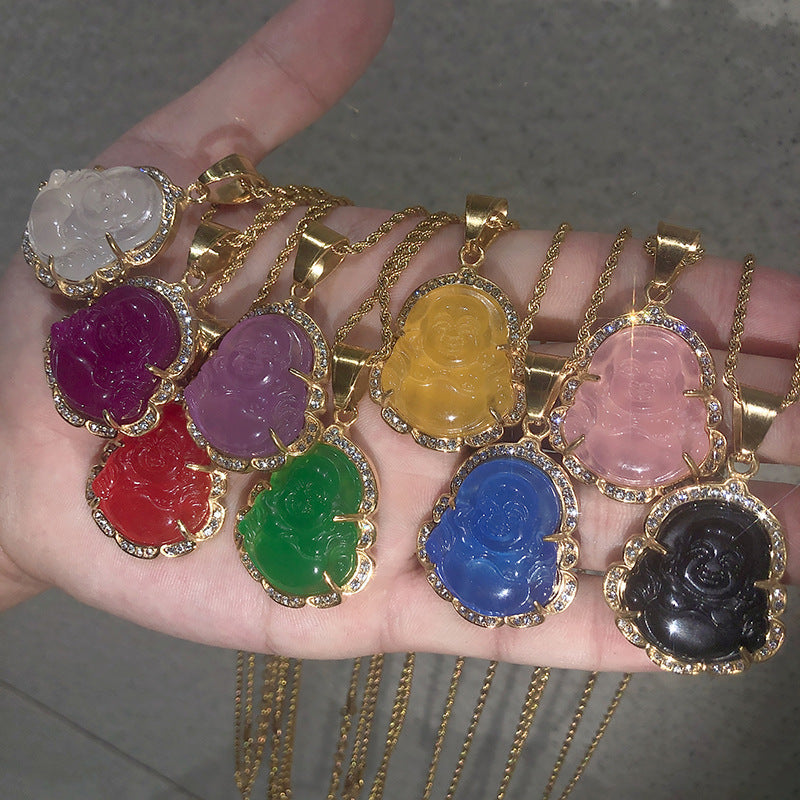 18K Gold Filled Laughing Buddha Jade Necklace - Luck Pendant Chain