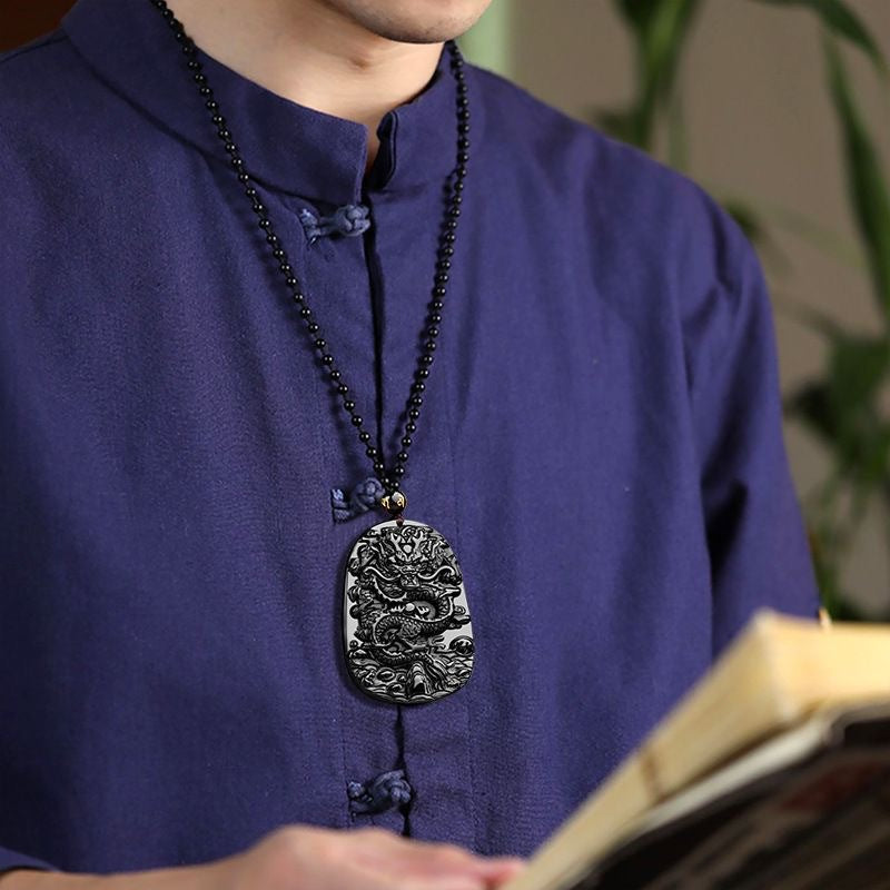 Natural Black Obsidian Dragon Necklace - Protection, Luck, Success