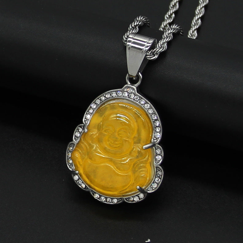 18K Gold Filled Laughing Buddha Jade Necklace - Luck Pendant Chain