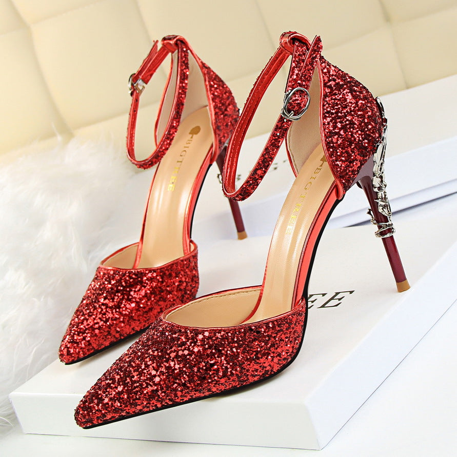 Belifi Pointed Toe Sequin Cutout Heels