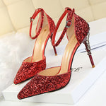 Belifi Pointed Toe Sequin Cutout Heels