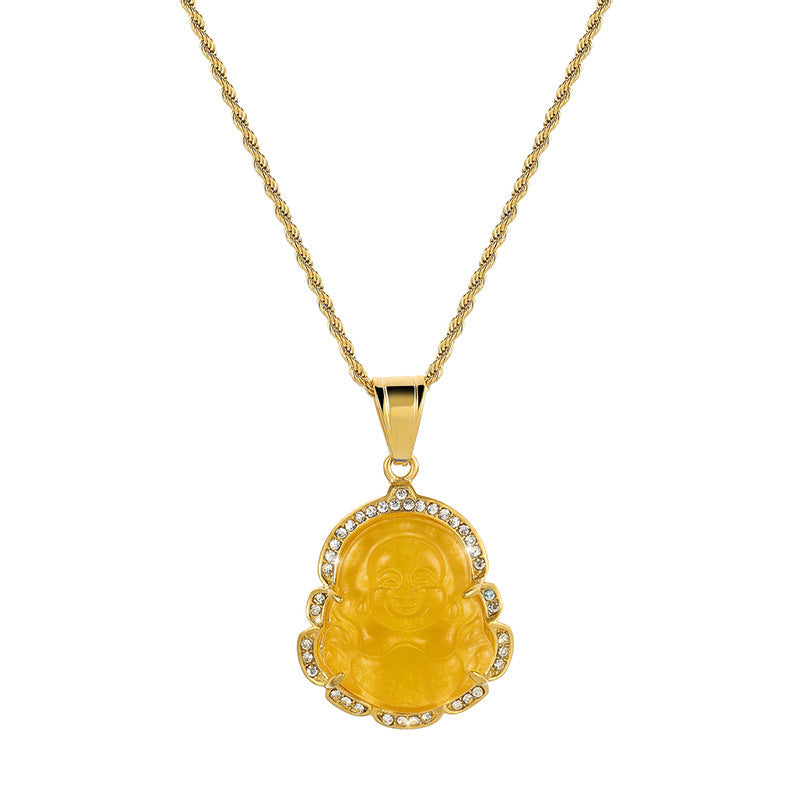 18K Gold Filled Laughing Buddha Jade Necklace - Luck Pendant Chain