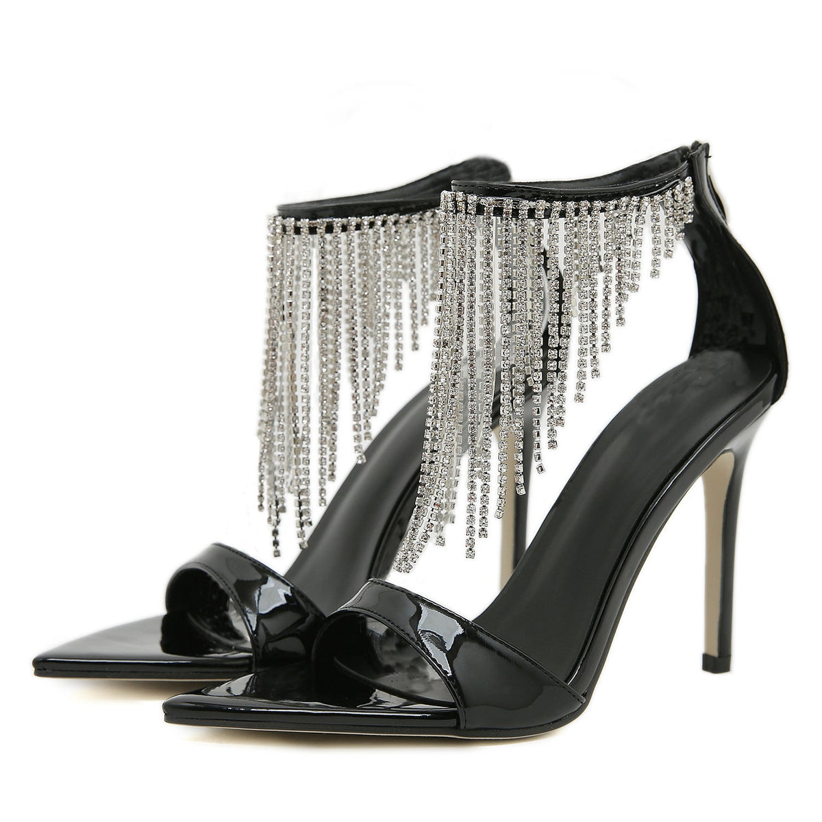 Belifi Pointed Toe Tassel Rhinestone Chain Stiletto Heel