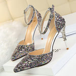 Belifi Pointed Toe Sequin Cutout Heels