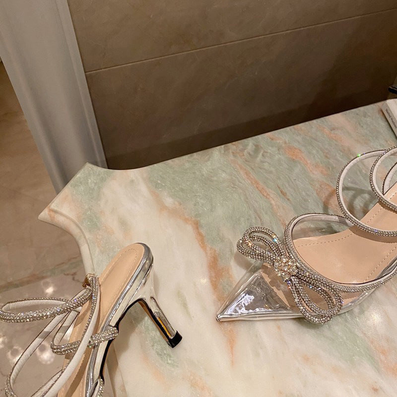 Belifi Rhinestone Bow Pointed Toe Stiletto Sandals