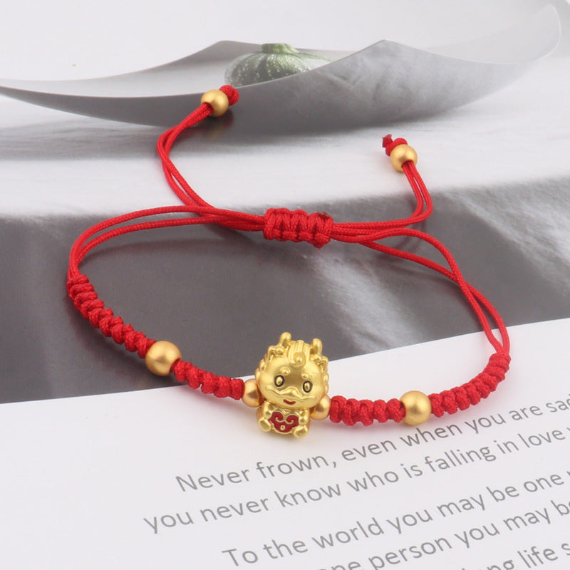 999 Sterling Silver Year of the Dragon Copper Coin Fortune Dragon Fu Character Luck Handcrafted Red String Braided Bracelet