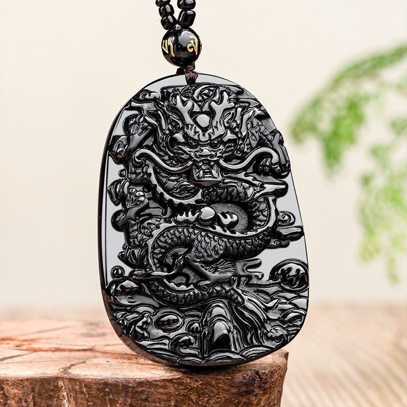 Natural Black Obsidian Dragon Necklace - Protection, Luck, Success