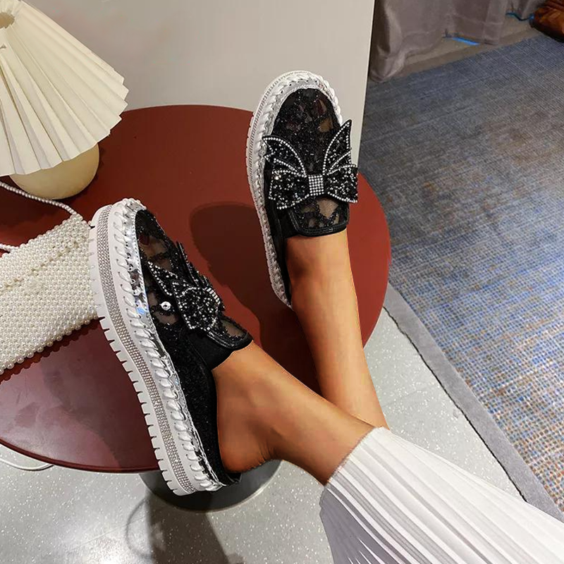 Belifi New Crystals Butterfly-knot Flat Platform Heels Half Slippers Women Bling Shoes