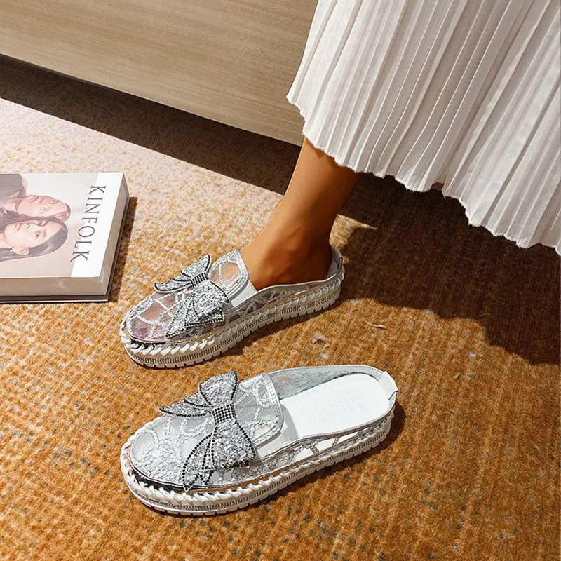 Belifi New Crystals Butterfly-knot Flat Platform Heels Half Slippers Women Bling Shoes