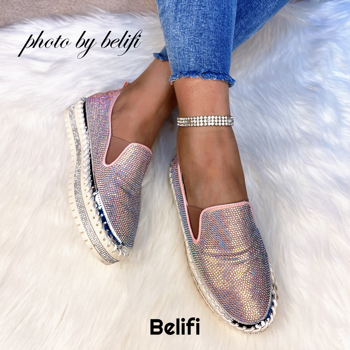 Belifi - Women Rhinestone Platform Breathable Slip-on Shoes