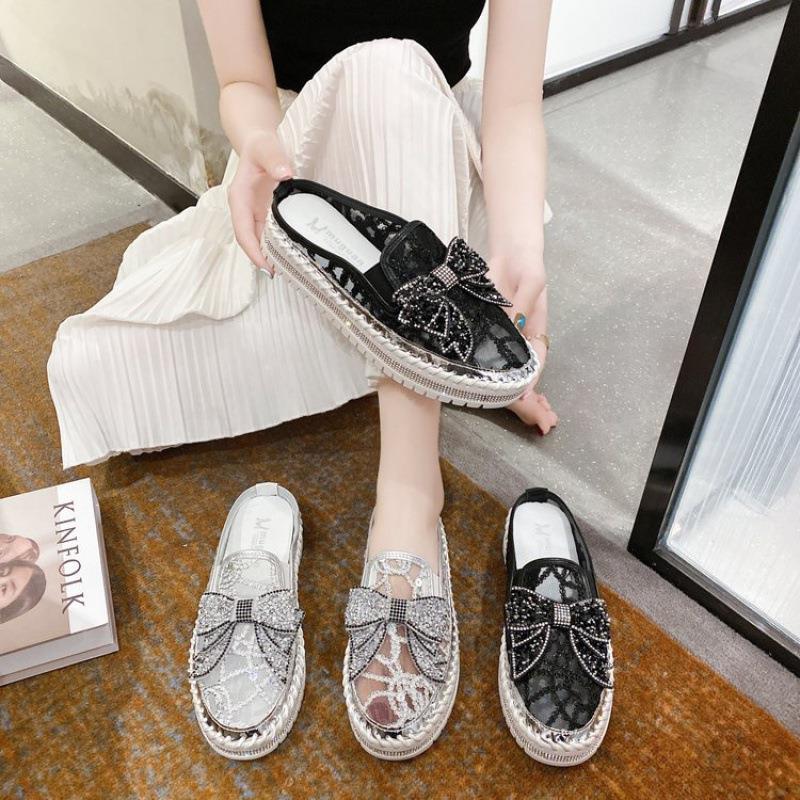 Belifi New Crystals Butterfly-knot Flat Platform Heels Half Slippers Women Bling Shoes