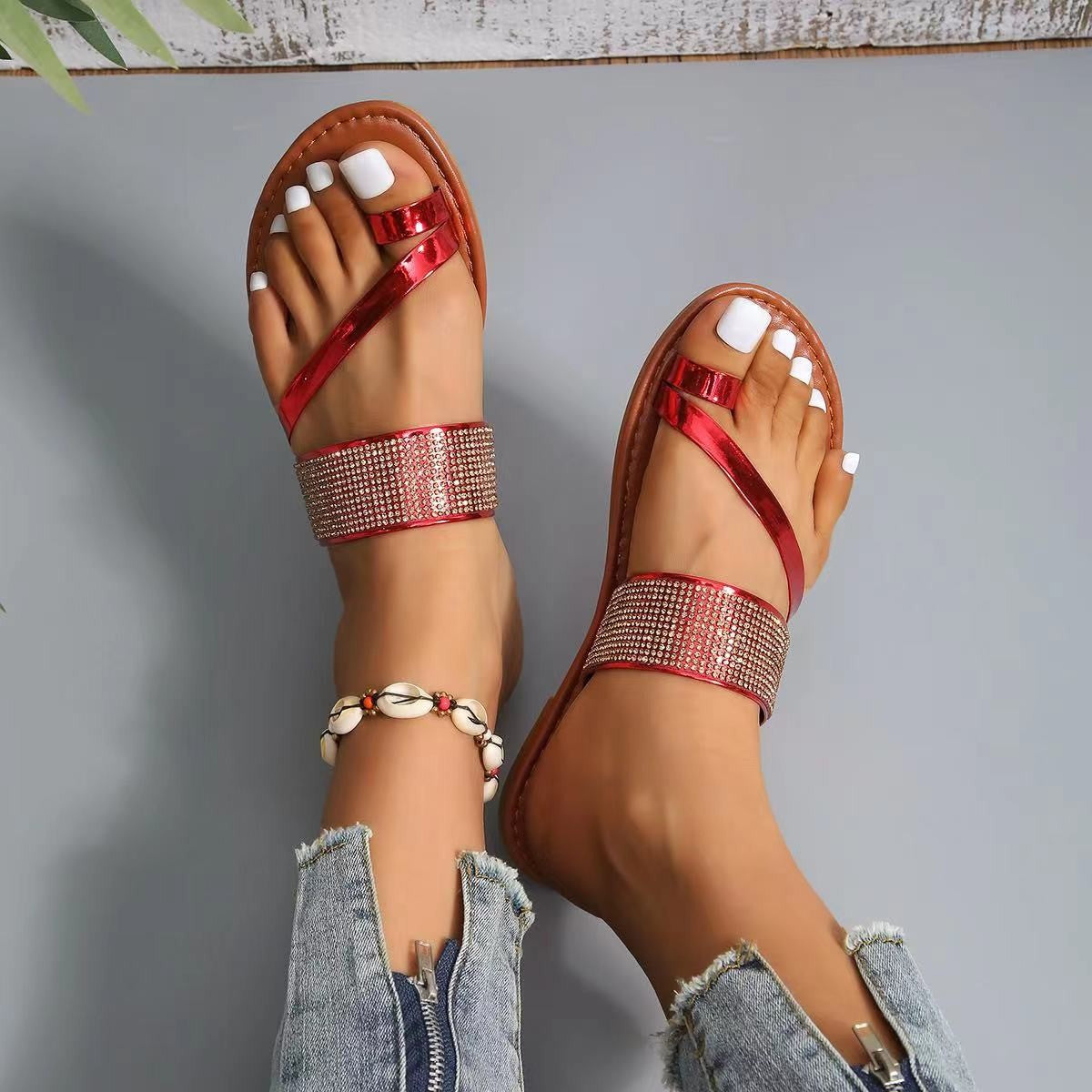 Belifi Rhinestone Cover Flat Bottom Sandals