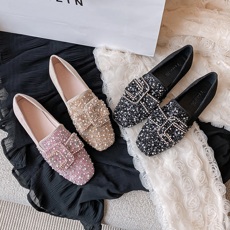 Belifi Square Toe Rhinestone Flat Bow Shoes