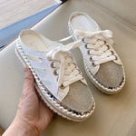 Belifi Crystal Elegance: Leather Lace-Up Jeweled Platform Mules