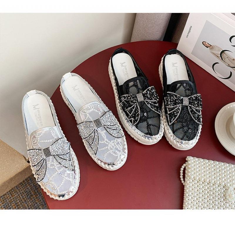 Belifi New Crystals Butterfly-knot Flat Platform Heels Half Slippers Women Bling Shoes