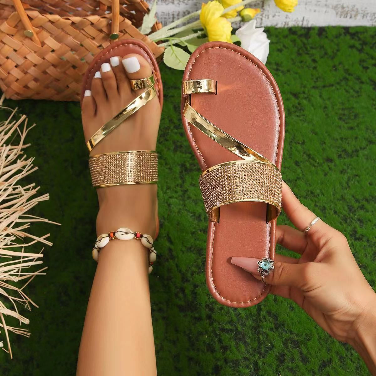 Belifi Rhinestone Cover Flat Bottom Sandals