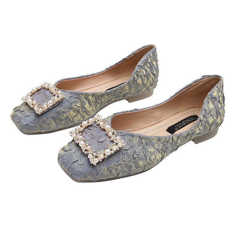 Belifi Summer Rhinestone Buckle Flats Square Head Women Shoes