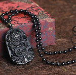 Natural Black Obsidian Dragon Necklace - Protection, Luck, Success