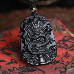 Natural Black Obsidian Dragon Necklace - Protection, Luck, Success