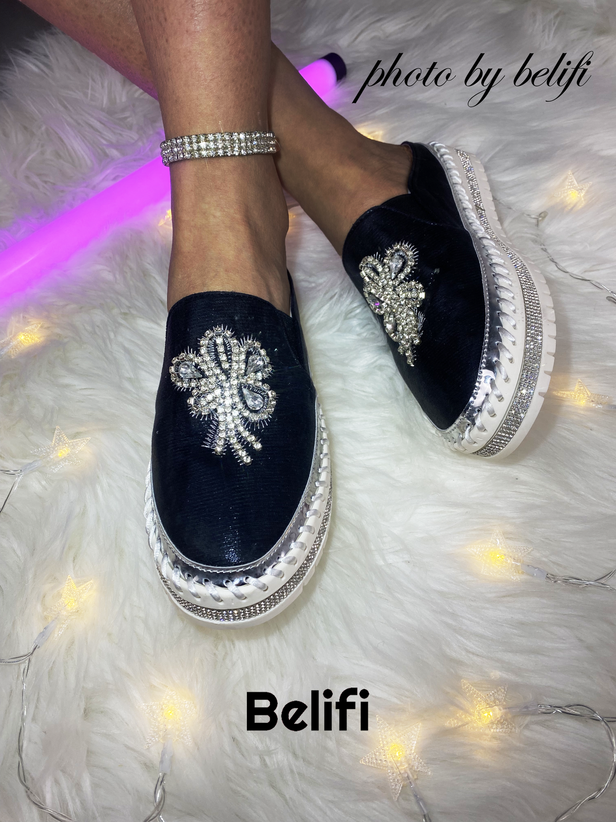 Belifi Enchanted Elegance: Women's Sparkling Rhinestone Embroidered Platform Slippers in Black & Gold